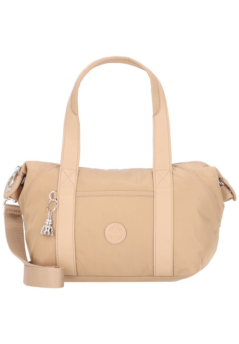 Borsa a spalla beige in nylon, con doppi manici, tracolla staccabile e un piccolo charm. Texture liscia con forma arrotondata.