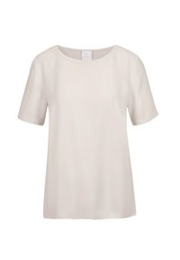 Cremefarbendes Kurzarm-Oberteil mit Rundhalsausschnitt und glatter Textur. Einfaches Design, lockere Passform, geeignet für Freizeitkleidung.