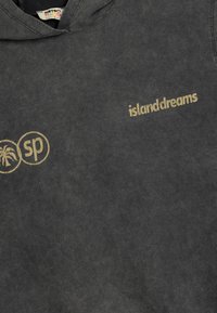 Mørkegrå hættetrøje lavet af blødt stof. Har guldtrykt tekst "islanddreams" og et logo med et palmetræ. Casual design; afslappet pasform.