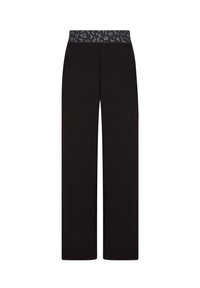 Pantaloni neri a gamba larga con una texture morbida e una cintura grigia a fantasia. Senza tasche; design a lunghezza completa per comfort e facilità di movimento.