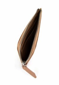 Brown leather wallet with a zipper, featuring multiple compartments inside and a smooth texture, showcasing a slim profile and silver hardware.