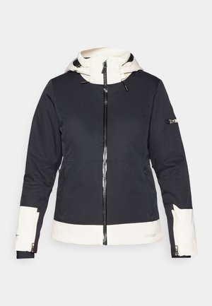 Jachetă cu fermoar neagră și albă, cu glugă, buzunare frontale, buzunar pe mânecă și accente albe la manșete, tiv și căptușeala glugii.