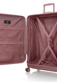 Hartschalenkoffer in Pink mit glatter Oberfläche. Das Innere verfügt über eine Netz-Reißverschlusstasche und elastische Riemen zur Sicherung von Gegenständen. Vier Rollen.