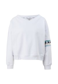 Witte V-hals lange mouwen cropped sweatshirt met geribbelde manchetten en een kleurrijke streep met gedeeltelijke tekst op de rechtermouw.