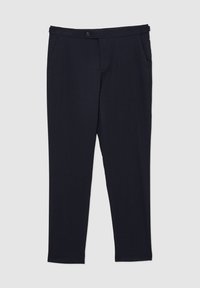 Marineblaue Hose mit glatter Textur, ausgestattet mit einem Knopfverschluss, Gürtelschlaufen und zwei Seitentaschen. Maßgeschneiderter Slim-Fit-Schnitt.
