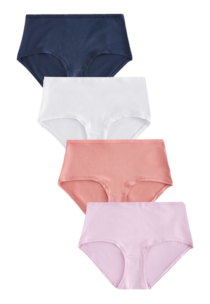 Quatre culottes pour femmes : marine, blanche, corail et rose clair. Fabriquées en tissu doux et lisse, avec un design classique taille basse.