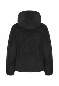 Giacca in pile nera con cappuccio, caratterizzata da una superficie testurizzata e morbida e da un design semplice e arrotondato. La vista posteriore non mostra hardware o dettagli visibili.