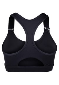 Zwarte sport-bh met een racerback ontwerp, gemaakt van rekbare stof. Heeft brede bandjes en een uitsnijding voor ademend vermogen.