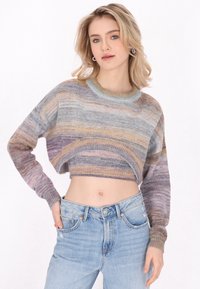 Gehäkelter, gekürzter Pullover mit einem mehrfarbigen Streifenmuster in sanften Pastelltönen, ausgestattet mit langen Ärmeln und einem runden Ausschnitt. Kombiniert mit hoch taillierten Jeans.