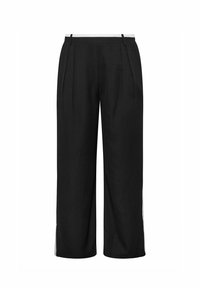 Czarne spodnie z szerokimi nogawkami i wysokim stanem, z przodu z zaszewkami, elastycznym pasem i kieszeniami w szwach bocznych. Gładka tekstura tkaniny.