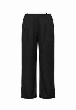 Pantaloni neri a gamba ampia con vita alta, caratterizzati da pieghe frontali, una cintura elastica e tasche laterali. Tessuto dalla texture liscia.