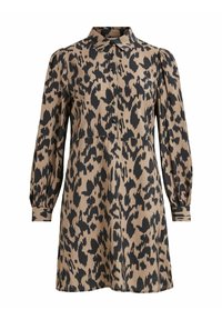 Vestido de estampado de leopardo en beige y negro, con cuello, mangas largas abullonadas, cierre de botones y una silueta fluida.