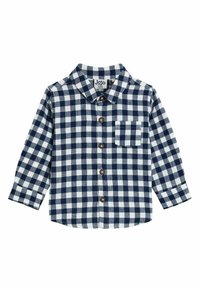 Marineblau-weiße karierte Flanellshirt mit langen Ärmeln, Knopfleiste, Kragen und Brusttasche. Verfügt über einen abgerundeten Saum und eine Ein-Knopf-Detail.