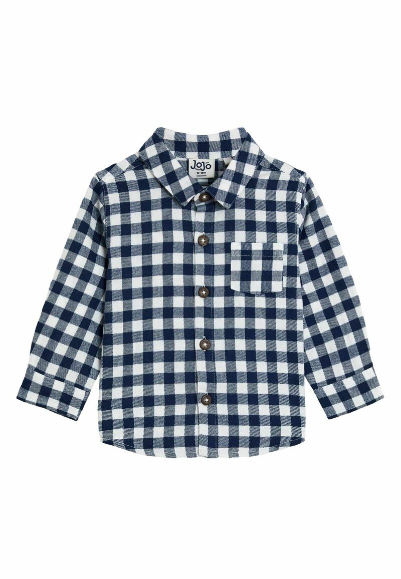 Marineblau-weiße karierte Flanellshirt mit langen Ärmeln, Knopfleiste, Kragen und Brusttasche. Verfügt über einen abgerundeten Saum und eine Ein-Knopf-Detail.