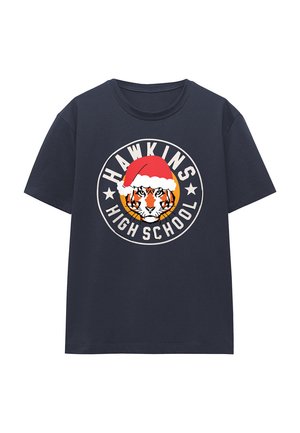Navy cotton t-shirt featuring a graphic of a tiger wearing a Santa hat, with "HAWKINS HIGH SCHOOL" text and circular design.