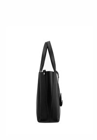 Mustast nahast käekott, millel on sile tekstuur, struktureeritud kuju, topeltkäepidemed ja külgedel dekoratiivne detail. Puudub nähtav logo või lisariistvara.