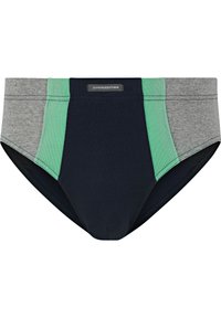 Herren-Slip aus einem navy-, grün- und grau-farbenen Baumwollmix. Mit Farbblock-Design und einem Logo-Patch. Weiche Textur mit elastischem Bund.