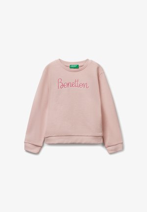 Felpa rosa chiaro con maniche lunghe e la scritta "Benetton" ricamata in filo rosa e bianco sulla parte anteriore.