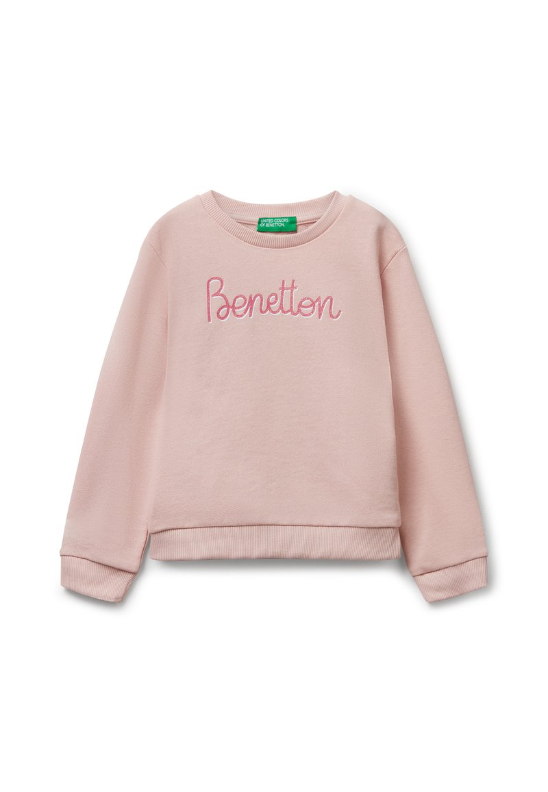 Felpa rosa chiaro con maniche lunghe e la scritta "Benetton" ricamata in filo rosa e bianco sulla parte anteriore.