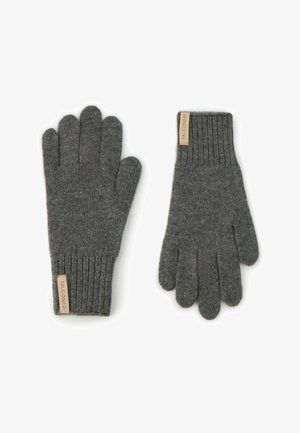 Graue gestrickte Handschuhe mit Rippbündchen an den Handgelenken, versehen mit einem Etikett mit der Aufschrift "FALCONERI." Hergestellt aus weichem, warmem Material mit fünf Fingern.