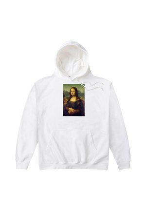 Witte hoodie met voorzak en verstelbare trekkoorden, met een bedrukt rechthoekig afbeelding van het Mona Lisa schilderij op de borst.