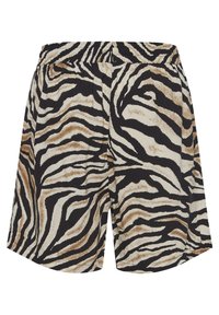 Shorts imprimé zèbre noir, blanc et marron, ceinture élastique, coupe ample et longueur mi-cuisse.