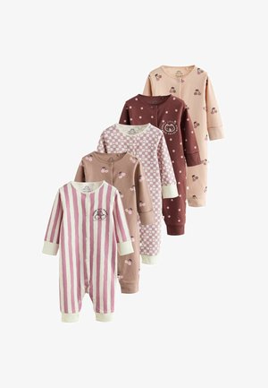 Vijf babyrompers in roze, beige, bordeaux en wit met patronen zoals strepen, kersen, stippen en ruitjes, gerangschikt in waaiervorm.