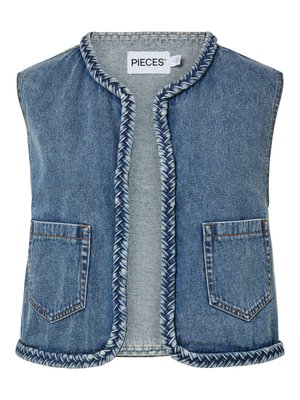 Vestă albastră din denim fără mâneci, cu margini împletite, două buzunare frontale și etichetă cu inscripția „PIECES” la guler.
