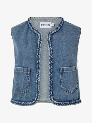 Gilet di jeans blu senza maniche con bordi intrecciati, due tasche frontali e etichetta con la scritta "PIECES" sul collo.