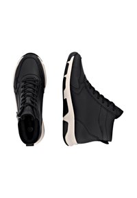 Black leather shoes featuring a high-top design, textured finish, contrasting cream midsole, and lace-up closure with a side zipper.