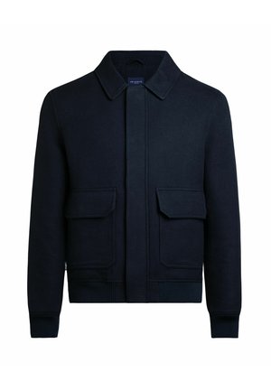Marineblauer Jacke aus Wollmischung mit klassischem Kragen, Frontreißverschluss, zwei großen Klappentaschen sowie gerippten Bündchen und Saum für eine strukturierte Passform.