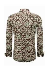 Een blouse met lange mouwen, voorzien van een bruine en mintgroene bloemenpatroon, gemaakt van gladde stof, met een klassieke kraag en knoopmanchetten.