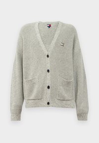 Light grey cardigan made of textured knit fabric, featuring a V-neck, long sleeves, two front pockets, and black buttons. Small logo detail present.