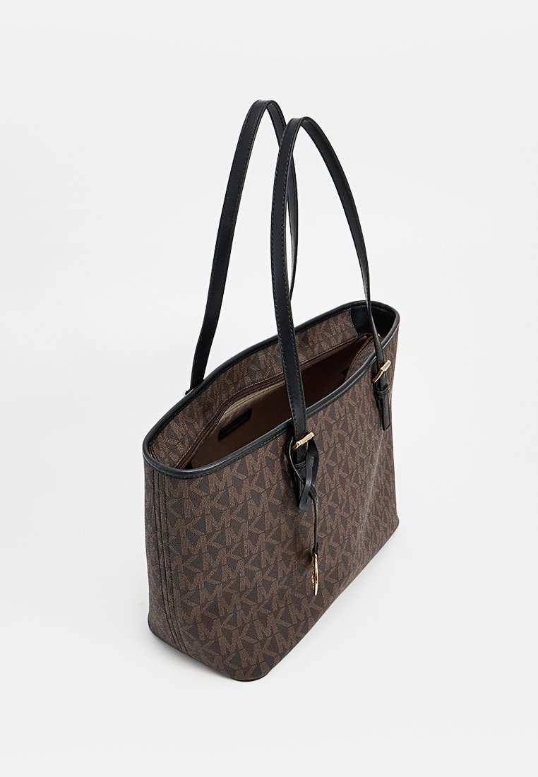 Borsa tote monogram marrone con dettagli in pelle nera, manici doppi e forma strutturata. Presenta un interno liscio con una piccola tasca.