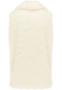 Kamizelka z sztucznego futra w odcieniu kremowym, charakteryzująca się teksturowaną, puszystą powierzchnią i kołnierzem typu szal. Otwarty fason bez widocznych zapięć.