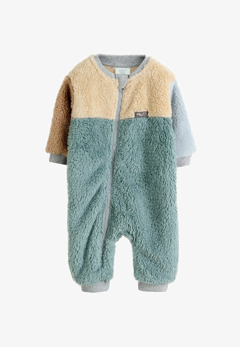 Combinaison en polaire bébé avec fermeture éclair devant, color block beige, marron, bleu-vert et bleu clair, avec poignets et col côtelés.
