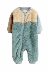 Fleece'owy niemowlęcy kombinezon z zamkiem z przodu. Posiada beżowe, zielone i niebieskie wstawki, ściągacze na rękawach oraz metkę z logo na piersi. Miękka tekstura.