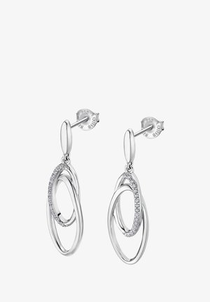 Silver statement earrings featuring interlocking oval shapes. One oval is adorned with small clear gemstones. Polished finish, lever-back style.