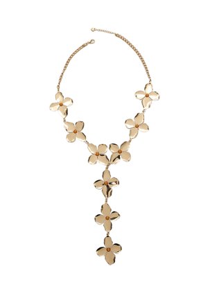 Collana floreale in oro con sei forme di fiore levigate, ciascuna con un piccolo dettaglio centrale, collegate da una delicata catena.