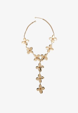 Collier floral en or avec six formes de fleurs polies, chacune ornée d'un petit détail central, reliées par une délicate chaîne.