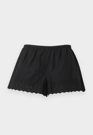 Pantaloni scurți negri din bumbac, cu talie elastică și tiv cu dantelă perforată, în formă de valuri.