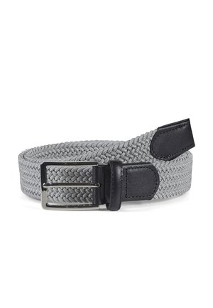 Woven gray belt with black leather accents and a silver metal buckle. Features a braided texture throughout its length.