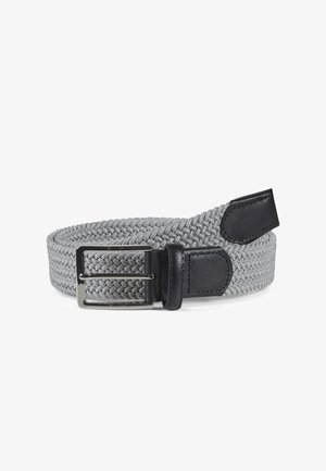 Woven gray belt with black leather accents and a silver metal buckle. Features a braided texture throughout its length.