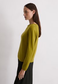 Pull en maille vert moutarde avec des manches longues et un col rond, associé à un bas noir, présenté de profil.