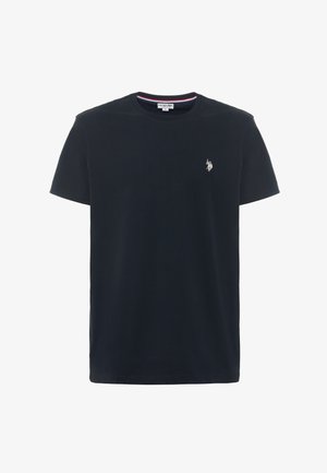 T-shirt in cotone nero con colletto rotondo, maniche corte e un piccolo logo ricamato sul lato sinistro del petto. Texture liscia.