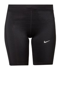 Shorts de sport noirs en tissu extensible, avec un logo Nike latéral et des coutures plates, conçus pour le confort et la mobilité.