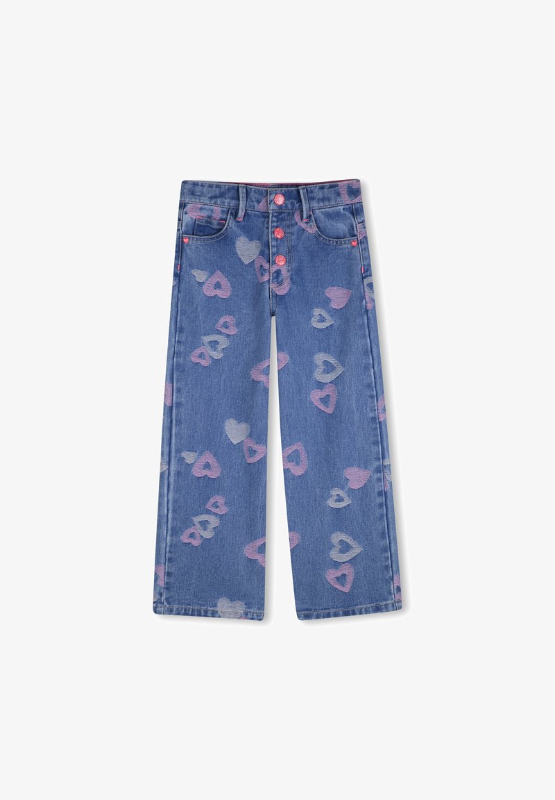 Μπλε τζιν παντελόνι με φαρδιά μπατζάκια και καρδιές σε ροζ και μοβ. Διαθέτει ροζ κουμπιά και κανονικές τσέπες. Λεπτομέρειες με ραφές σε αντίθεση.