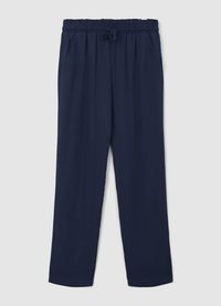 Pantalon bleu marine léger à jambes droites avec une taille élastique, un cordon de serrage ajustable et deux poches latérales. Texture lisse, sans motifs.