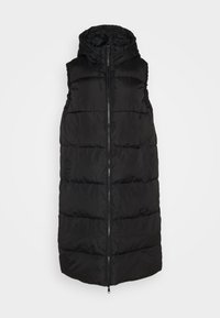 Zwarte gewatteerde bodywarmer met een rits aan de voorkant, capuchon, zonder mouwen en gestikte panelen. Gladde stoffen afwerking, casual silhouet.