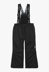 Schwarze Skihosen mit verstellbaren Trägern, Reißverschlusstaschen und weit geschnittenem Design, gefertigt aus einem wasserfesten Stoff mit glatter Textur.
